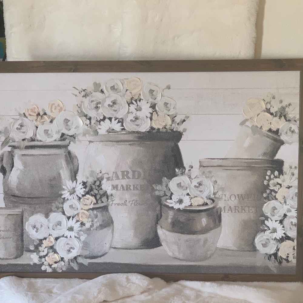 White flowers with Garden market tubs